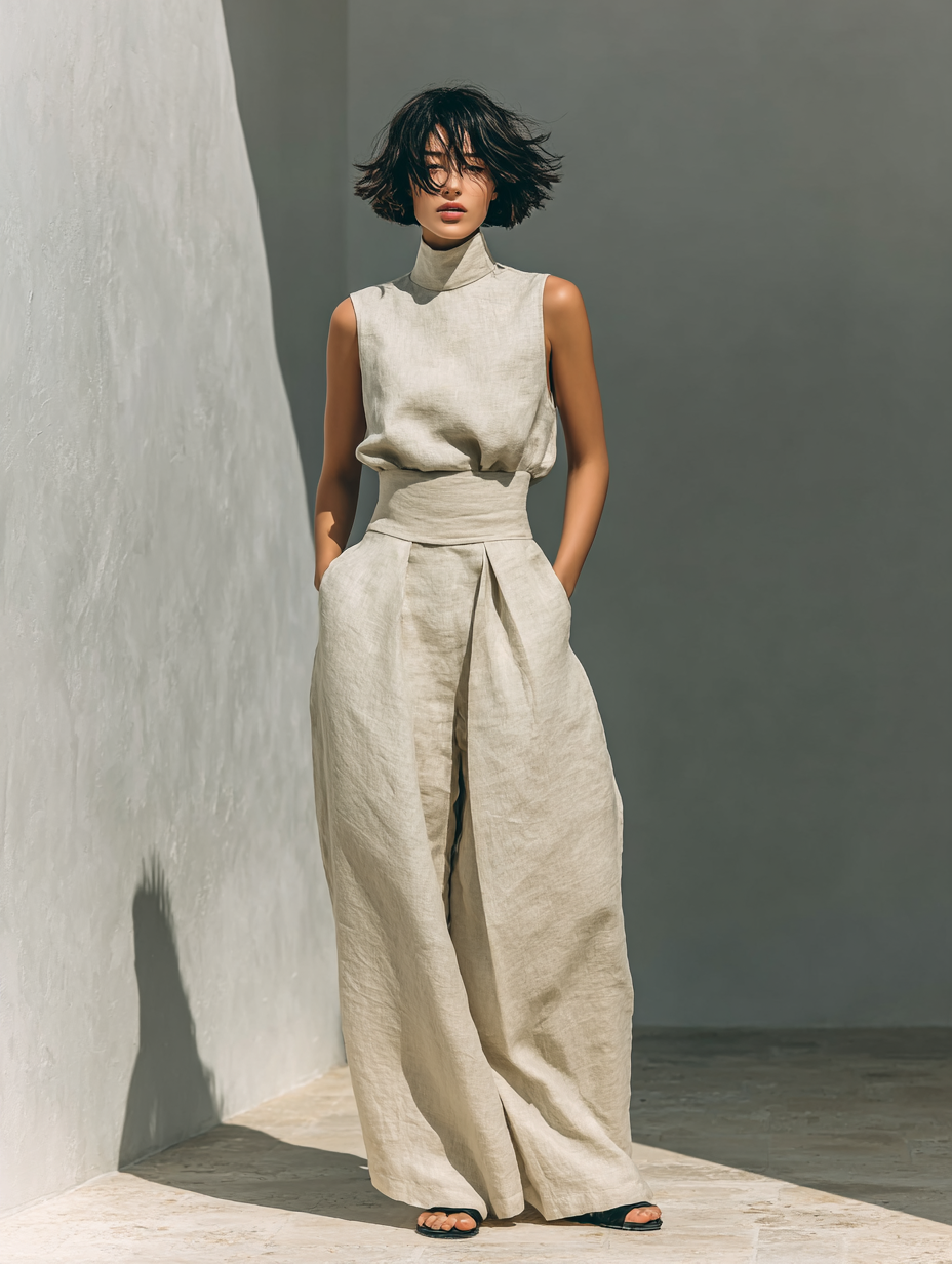 María - Conjunto de camiseta sin mangas y pantalones anchos de algodón y lino