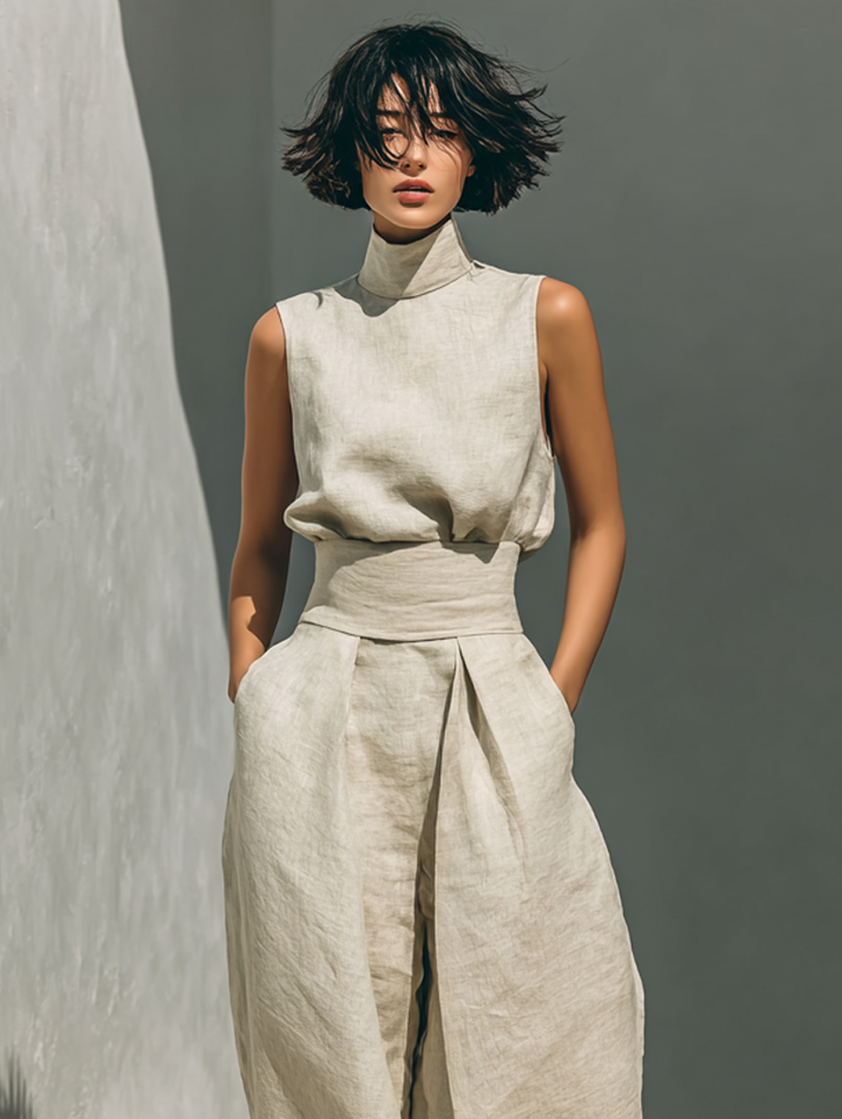 María - Conjunto de camiseta sin mangas y pantalones anchos de algodón y lino