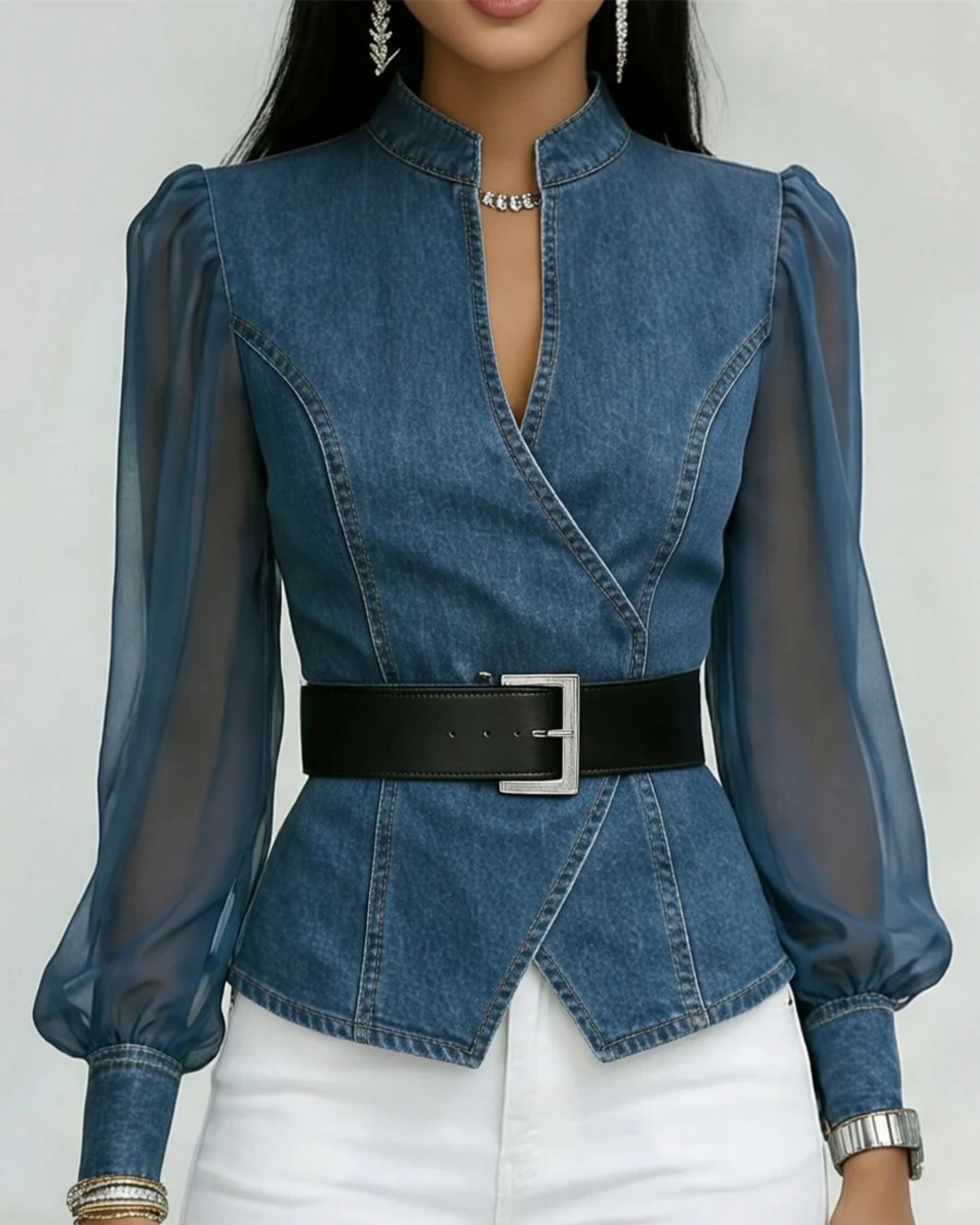 Vessa | Top de denim con mangas de gasa ligera