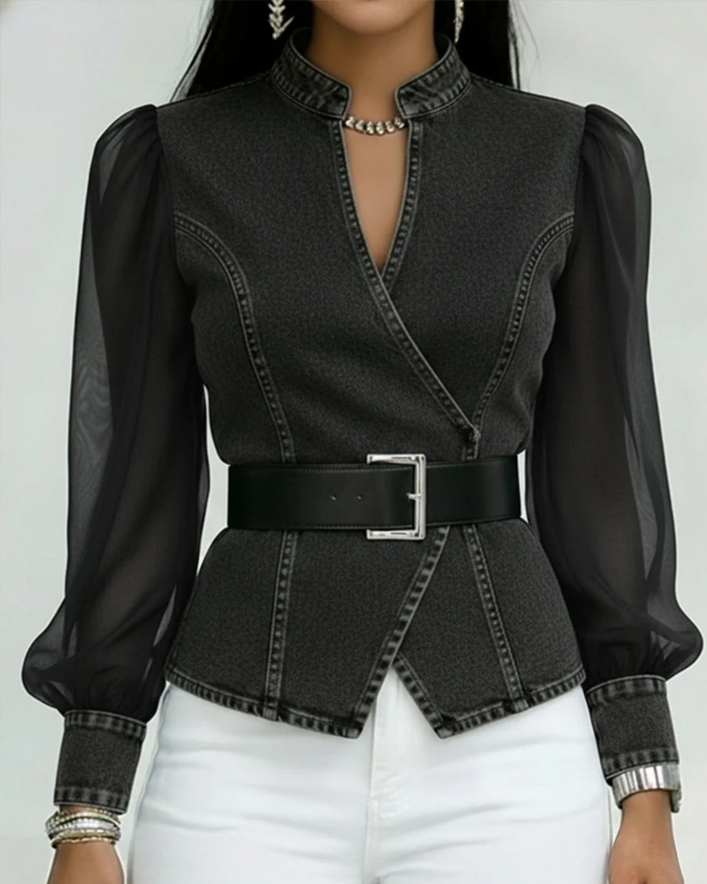 Vessa | Top de denim con mangas de gasa ligera