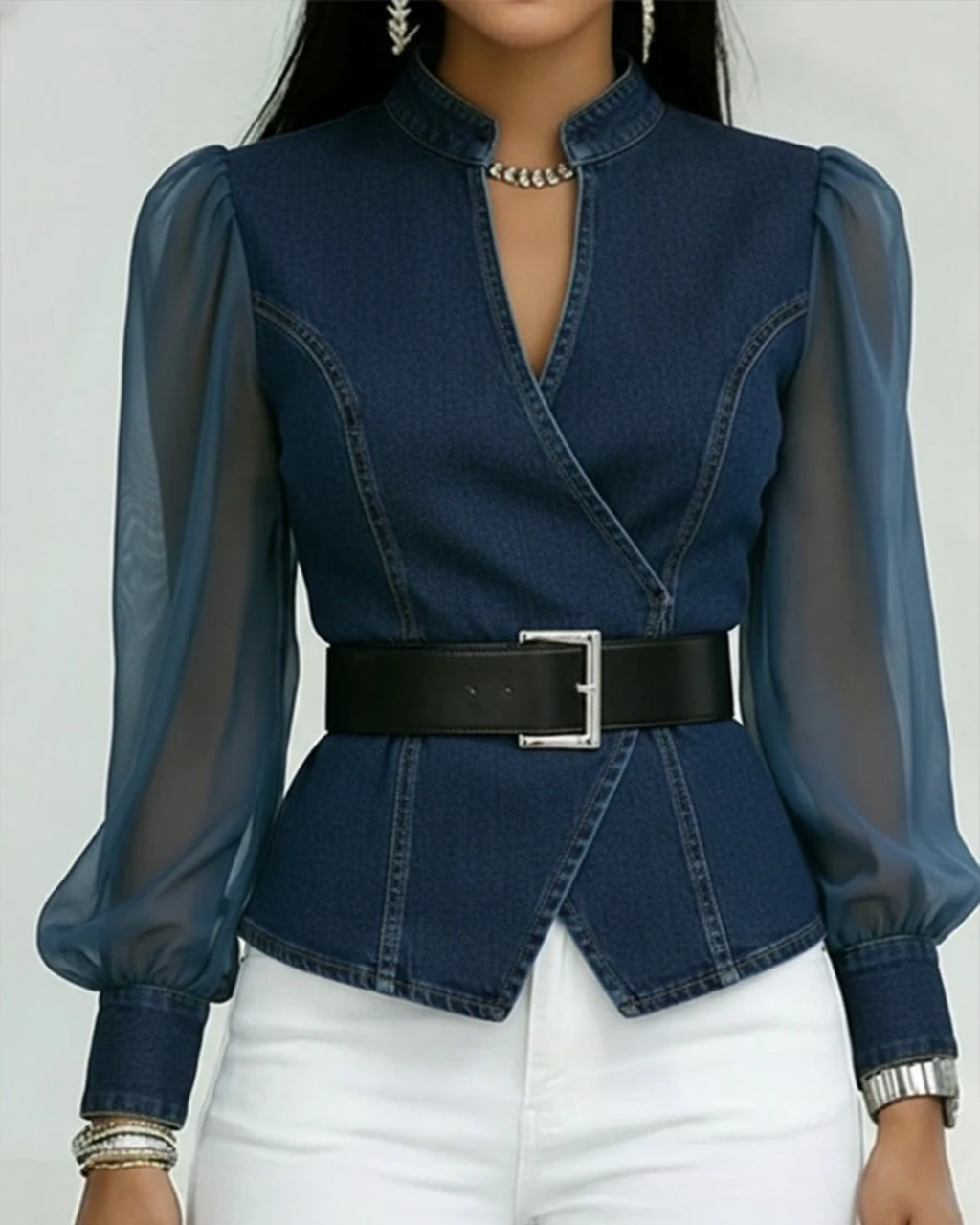 Vessa | Top de denim con mangas de gasa ligera