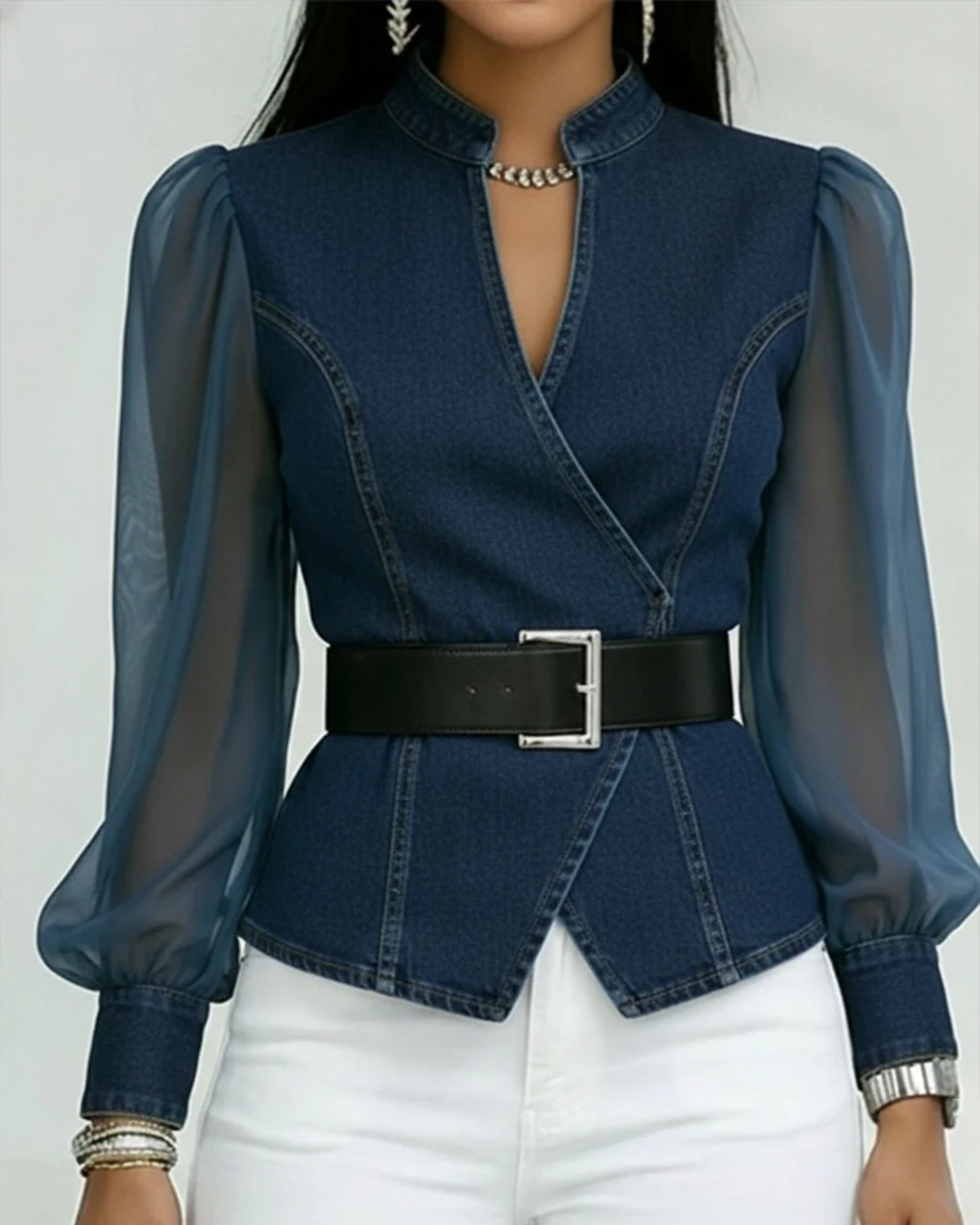 Vessa | Top de denim con mangas de gasa ligera