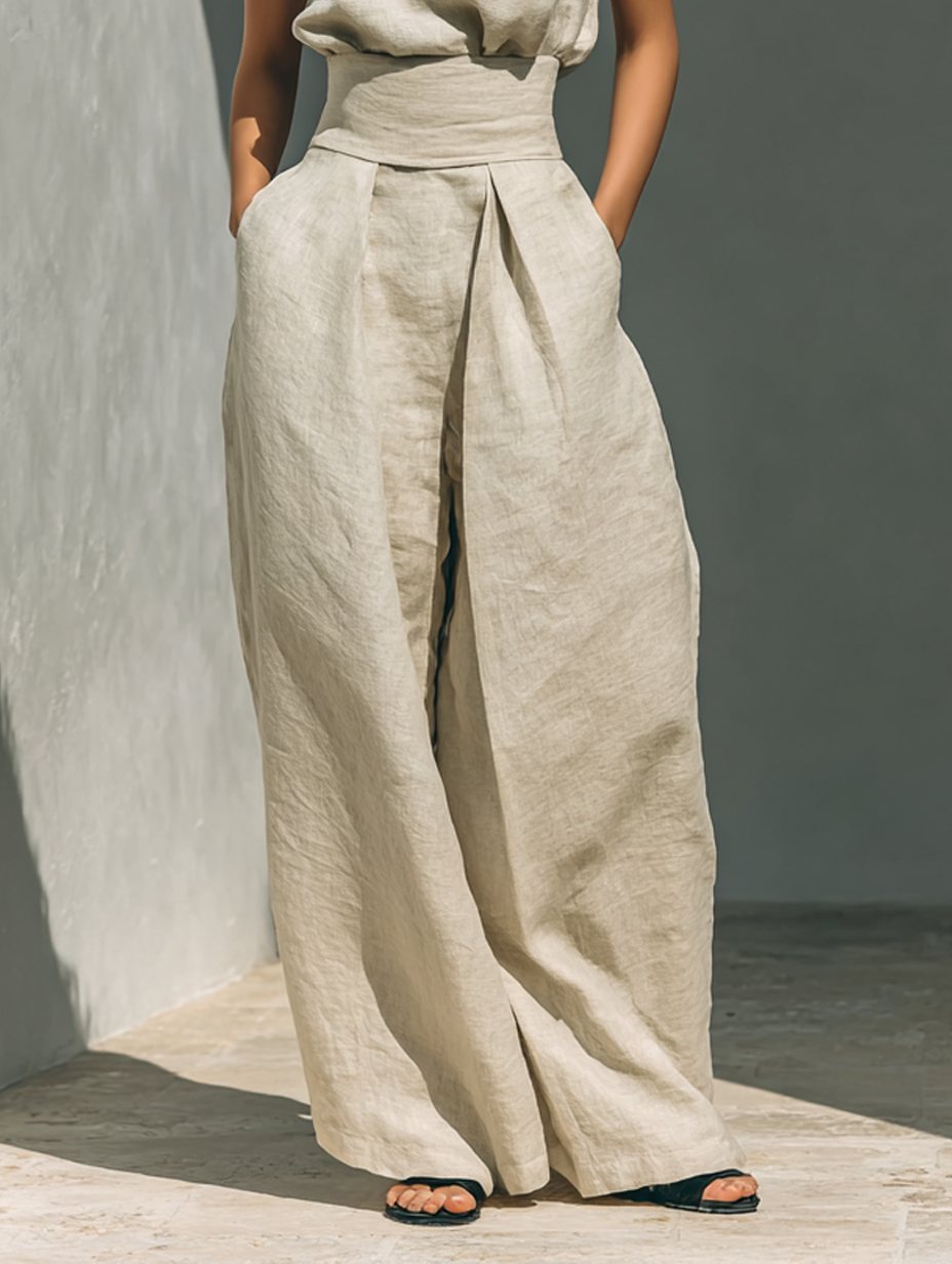 María - Conjunto de camiseta sin mangas y pantalones anchos de algodón y lino