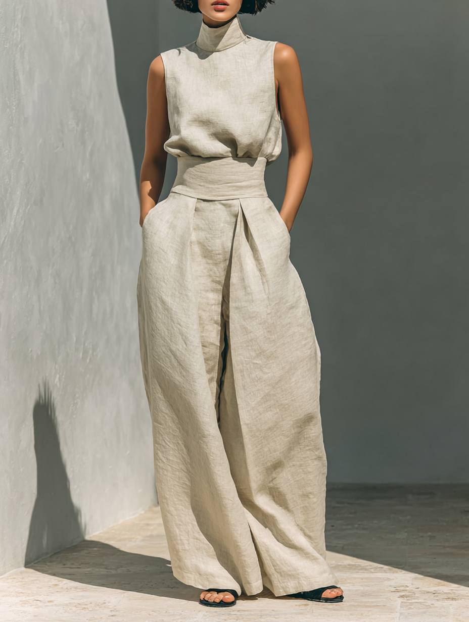 María - Conjunto de camiseta sin mangas y pantalones anchos de algodón y lino