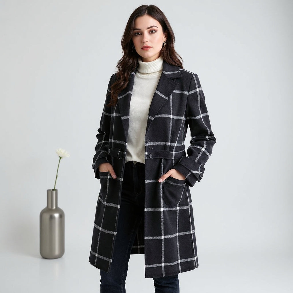 Abrigo retro de tweed a cuadros con solapas para mujer