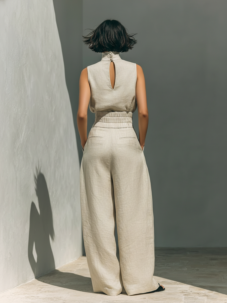 María - Conjunto de camiseta sin mangas y pantalones anchos de algodón y lino
