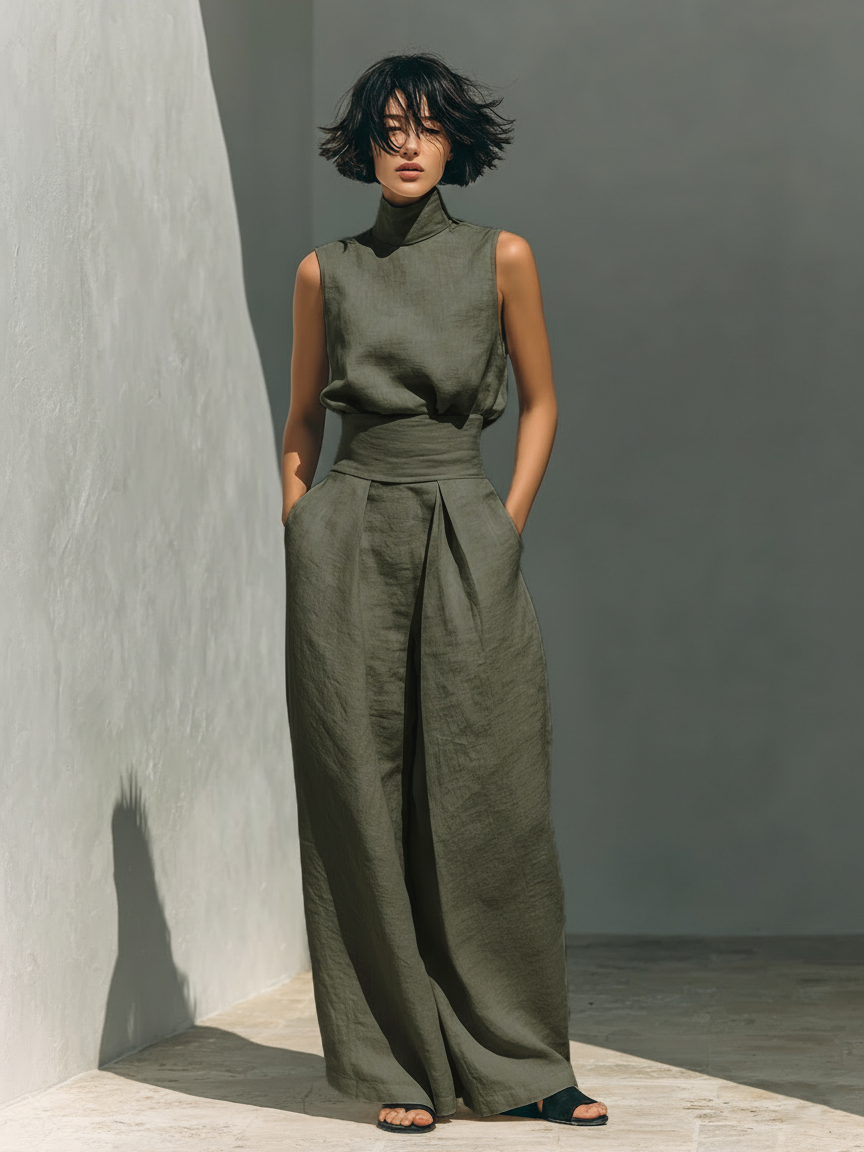María - Conjunto de camiseta sin mangas y pantalones anchos de algodón y lino