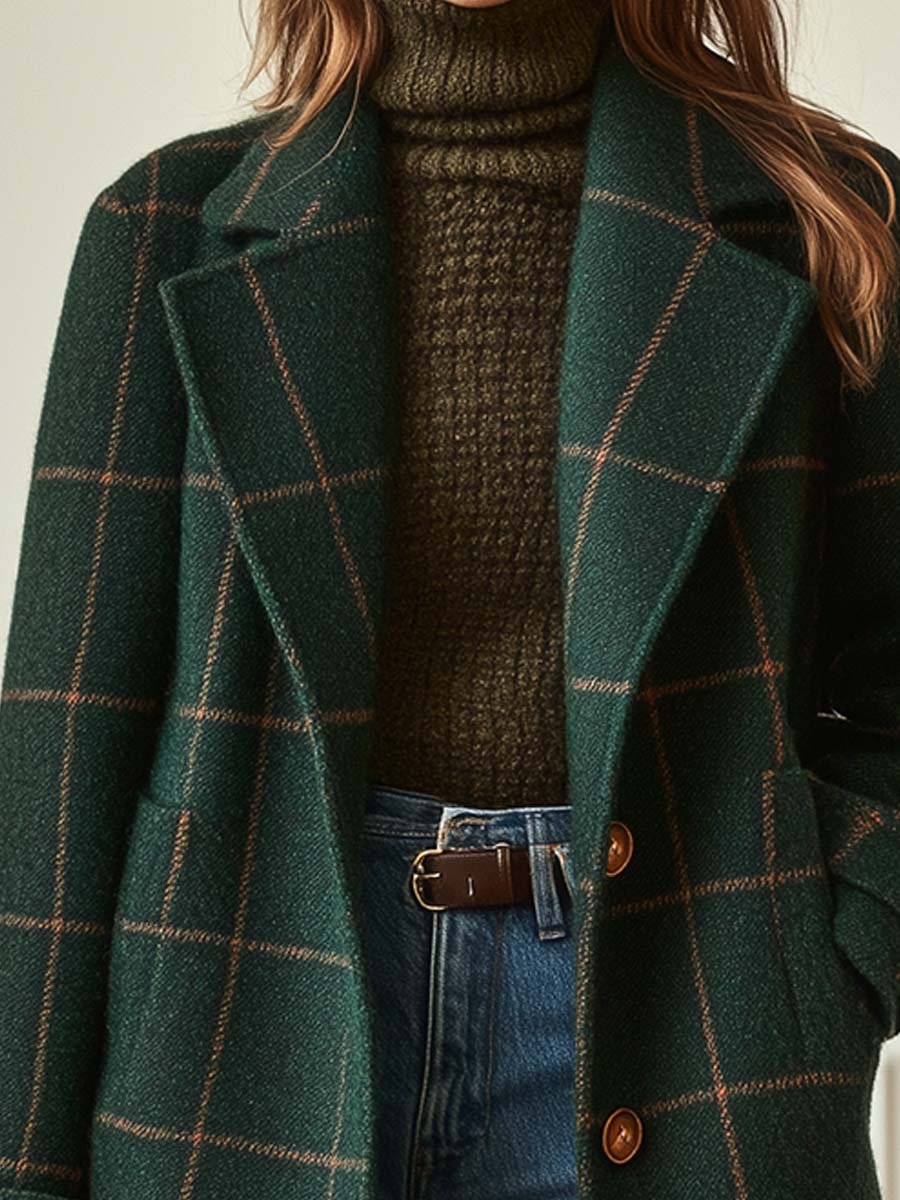 Abrigo retro de tweed a cuadros con solapas para mujer